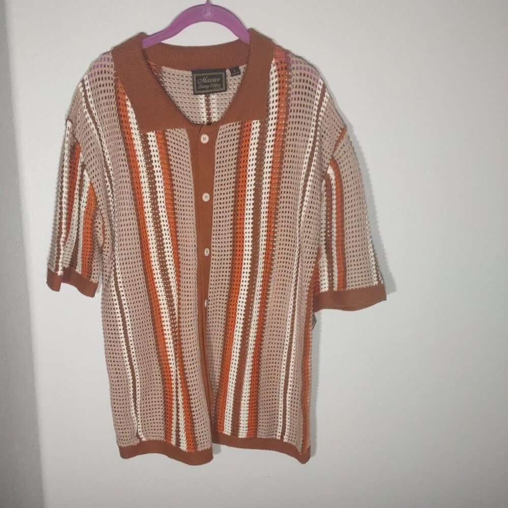 Massive Luxury Edition Crochet Knit Button Shirt Brown, Cream, Rust Stripe L NWT